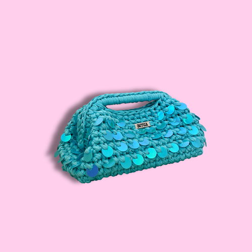 Pochette Maya crochet turquoise avec sequins irisés – BEYCA